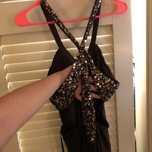 Brown prom dress with gold sequins